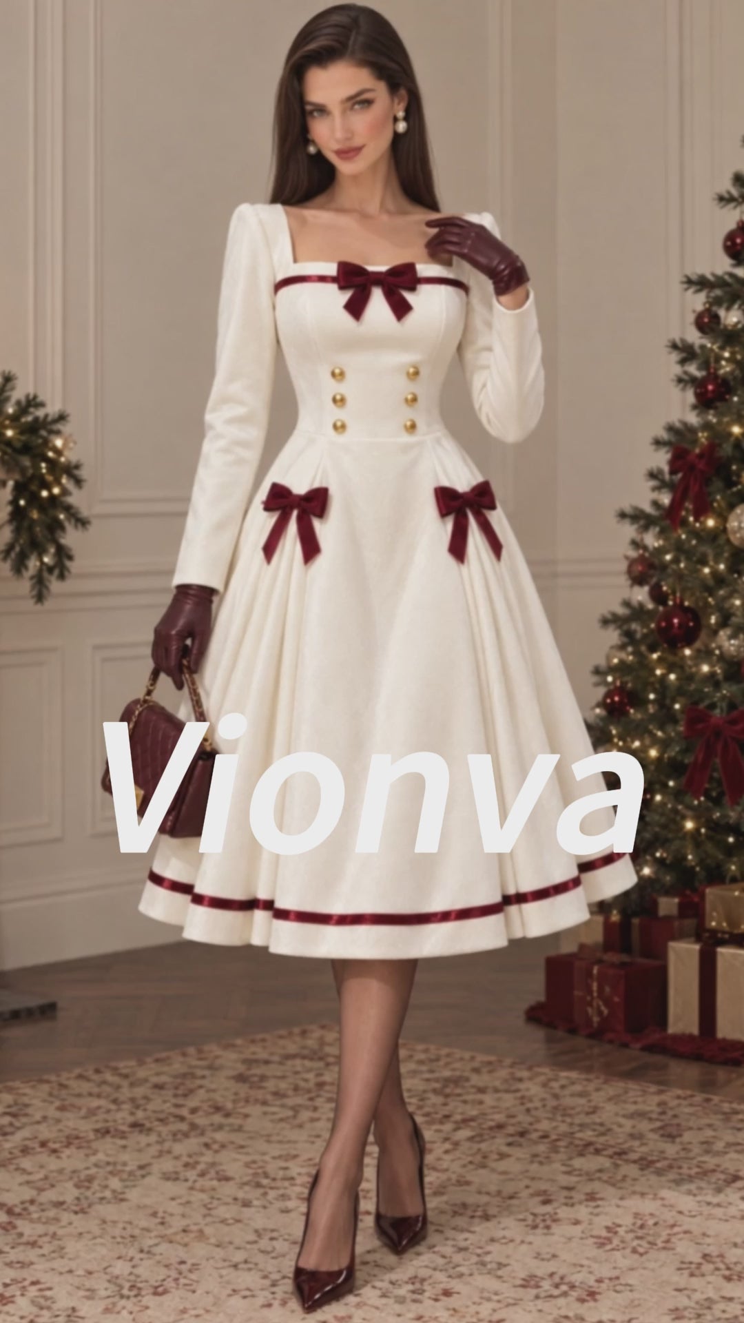 Vintage Square Neck Bow Midi Dress