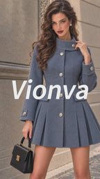 Vintage Silver-Button Stand-Collar Pleated Mini Dress