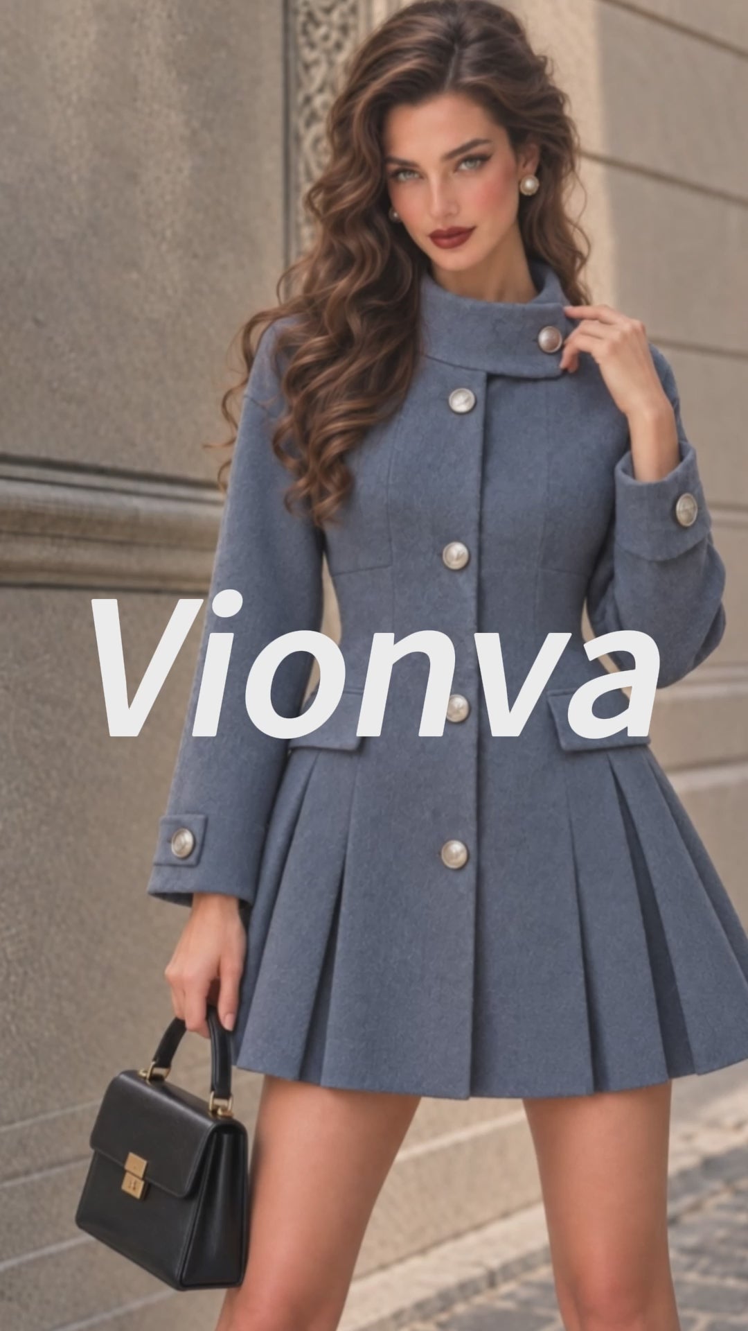 Vintage Silver-Button Stand-Collar Pleated Mini Dress