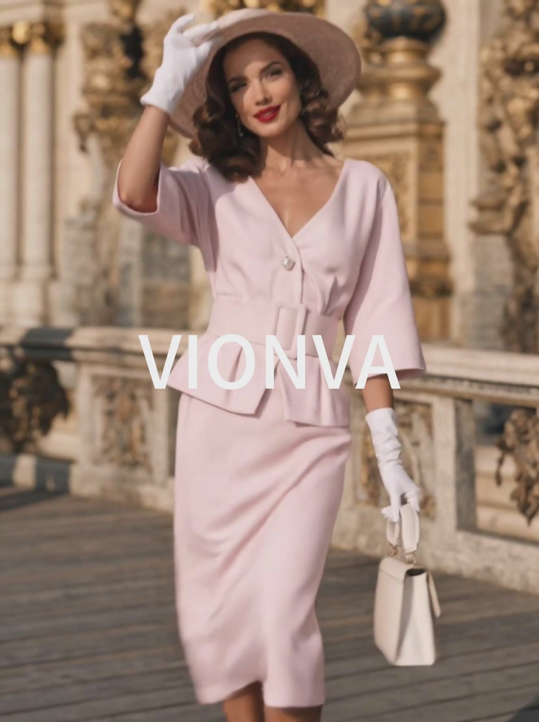 Vintage Pink V-Neck Peplum Top & Pencil Midi Skirt Sets