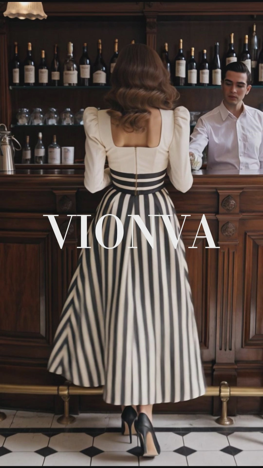 Vintage Striped Square Neck Long Sleeve Midi Dress