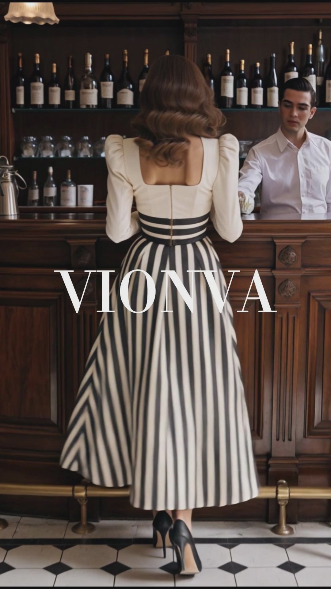 Vintage Striped Square Neck Long Sleeve Midi Dress