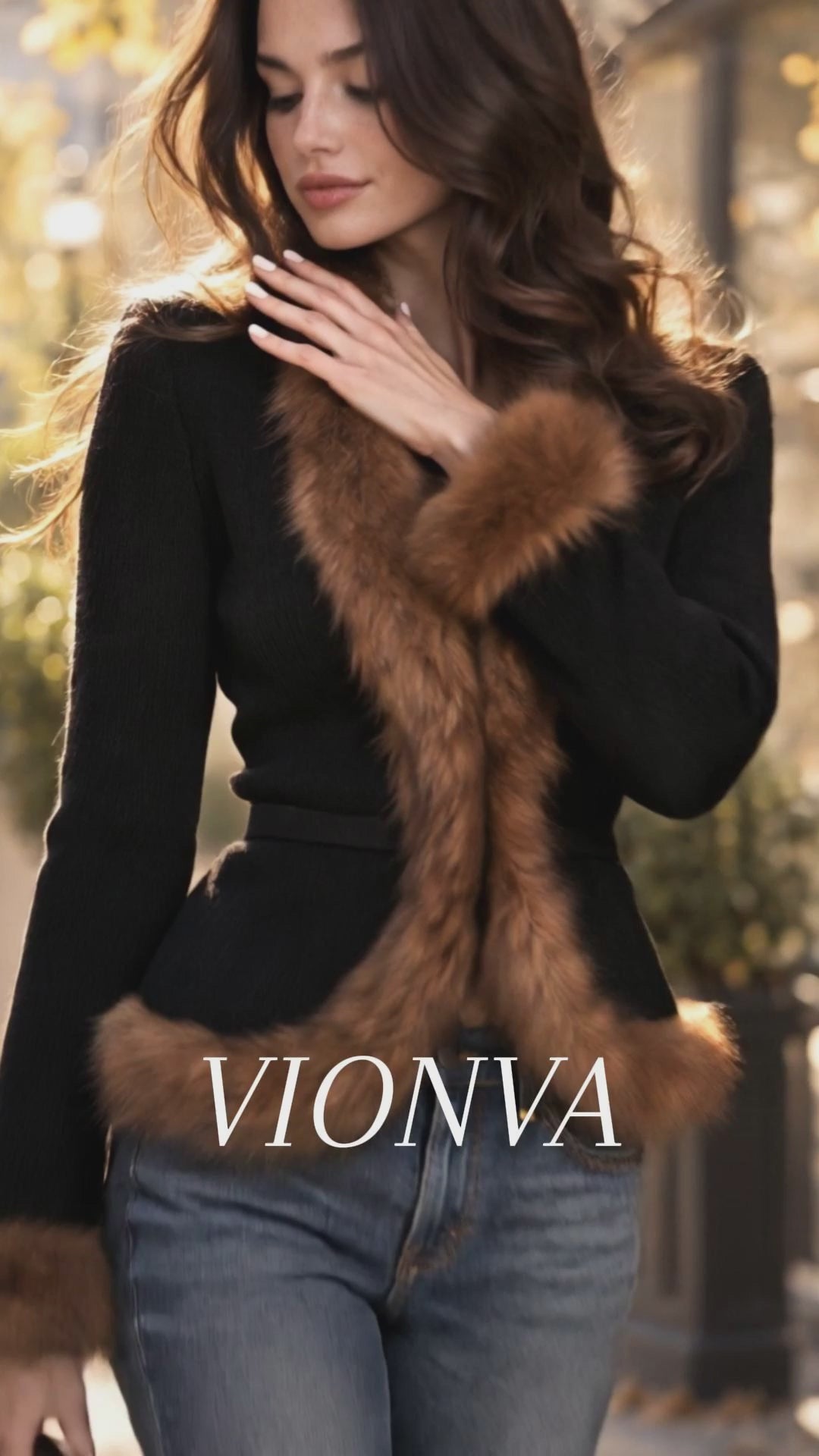 Vintage Elegant Slimming V-Neck Long Sleeve Faux Fur Trim Cropped Jacket