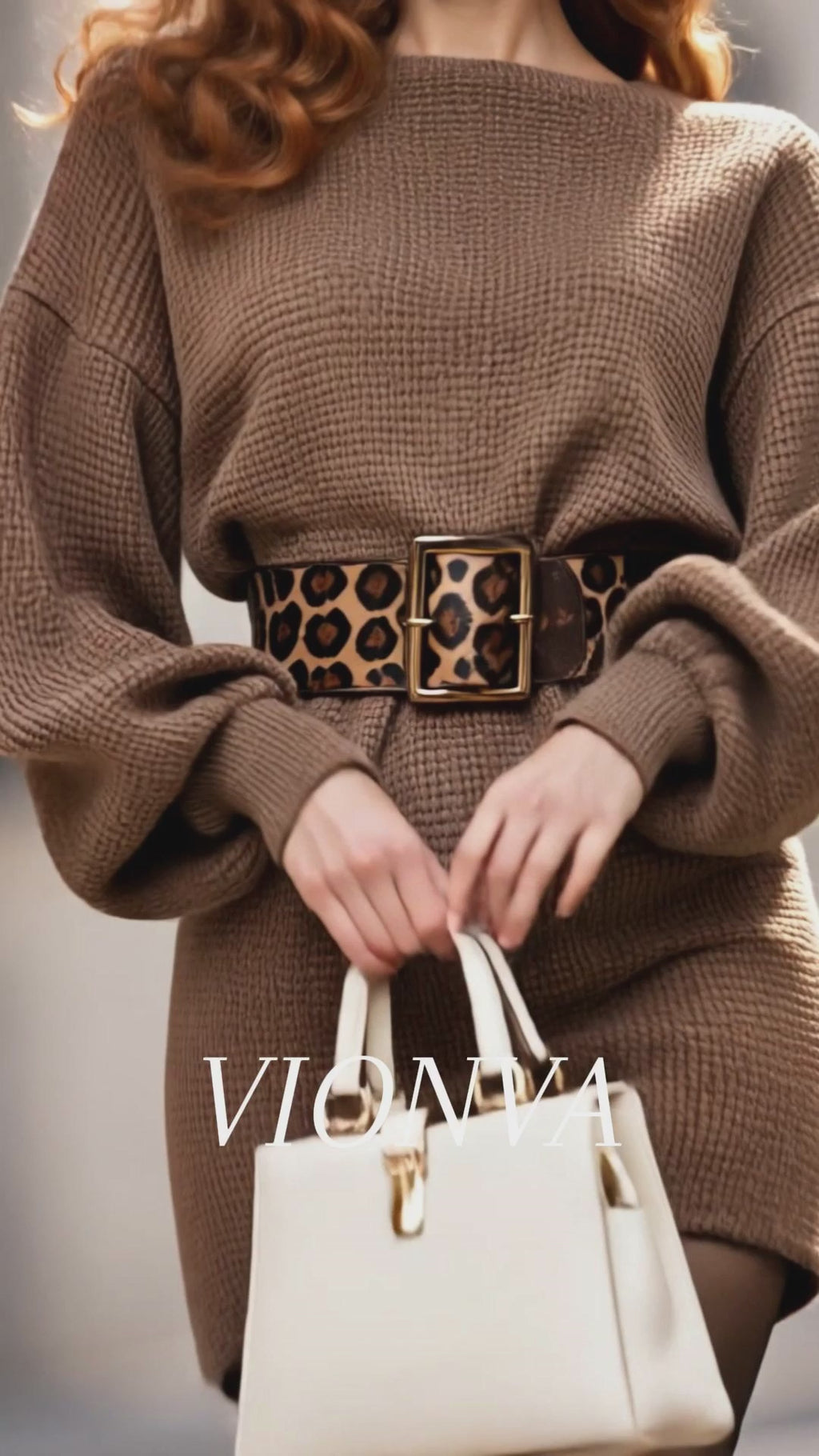 Vintage Waffle Knit Loose Leopard Belt Mini Dress