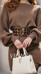 Vintage Waffle Knit Loose Leopard Belt Mini Dress