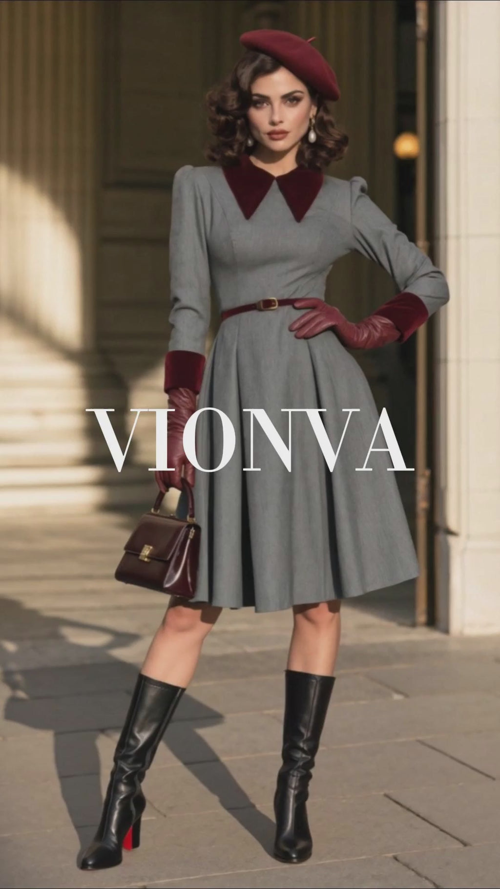 Vintage Velvet Collar Midi Dress