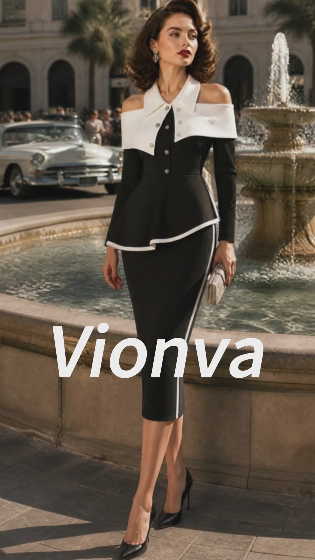 Vintage Black White Cold-Shoulder Peplum Top Skirt Knit Set