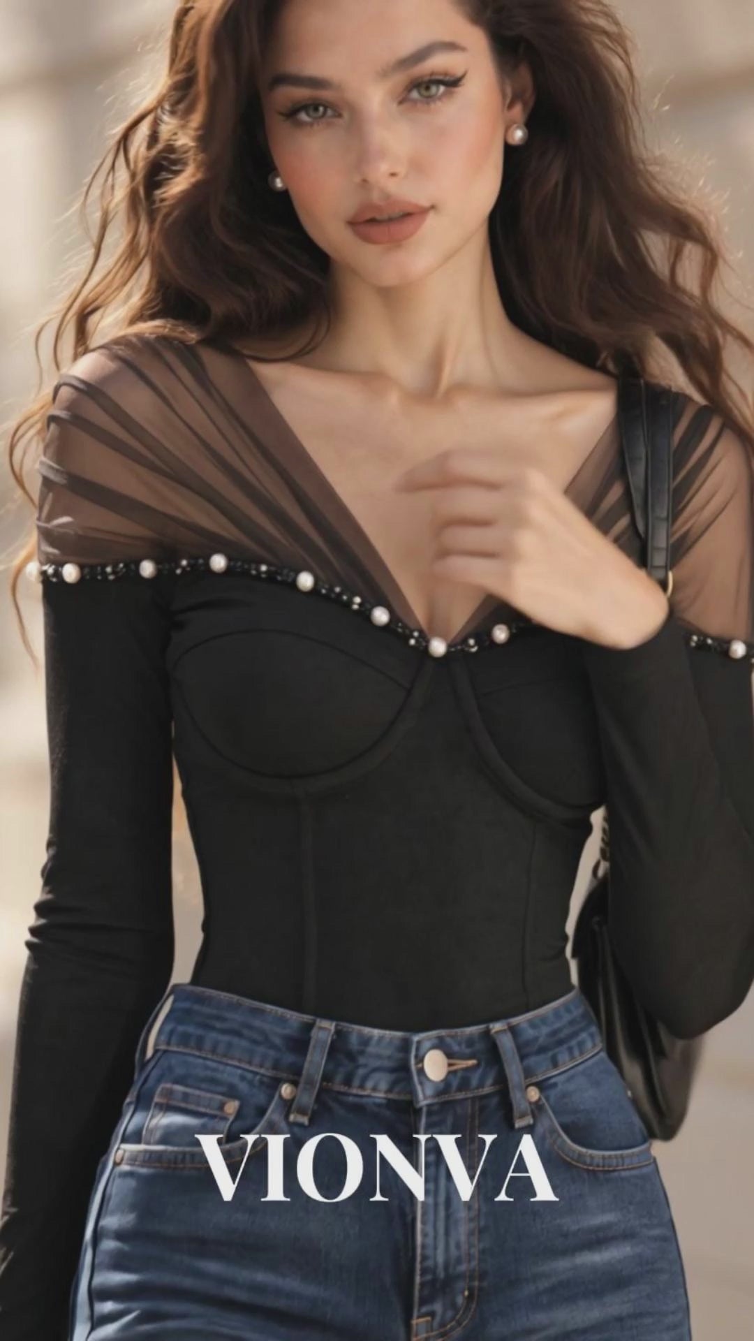 Vintage Mesh Patchwork Beaded Stretch T-shirt