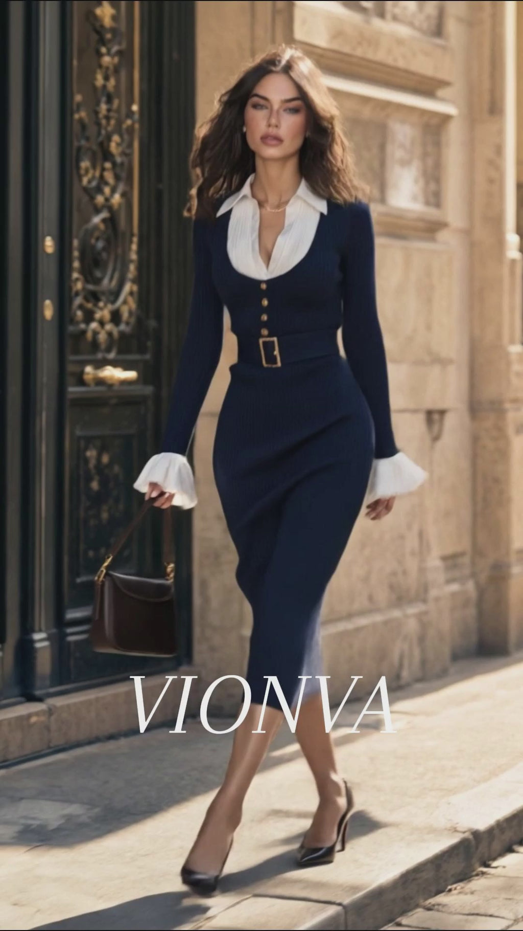Vintage Faux Shirt Collar Ruffle Cuff Ribbed Knit Midi Dress