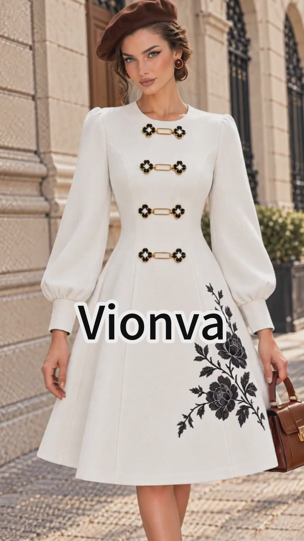 Vintage White Floral Embroidered Frog Button A Line Dress