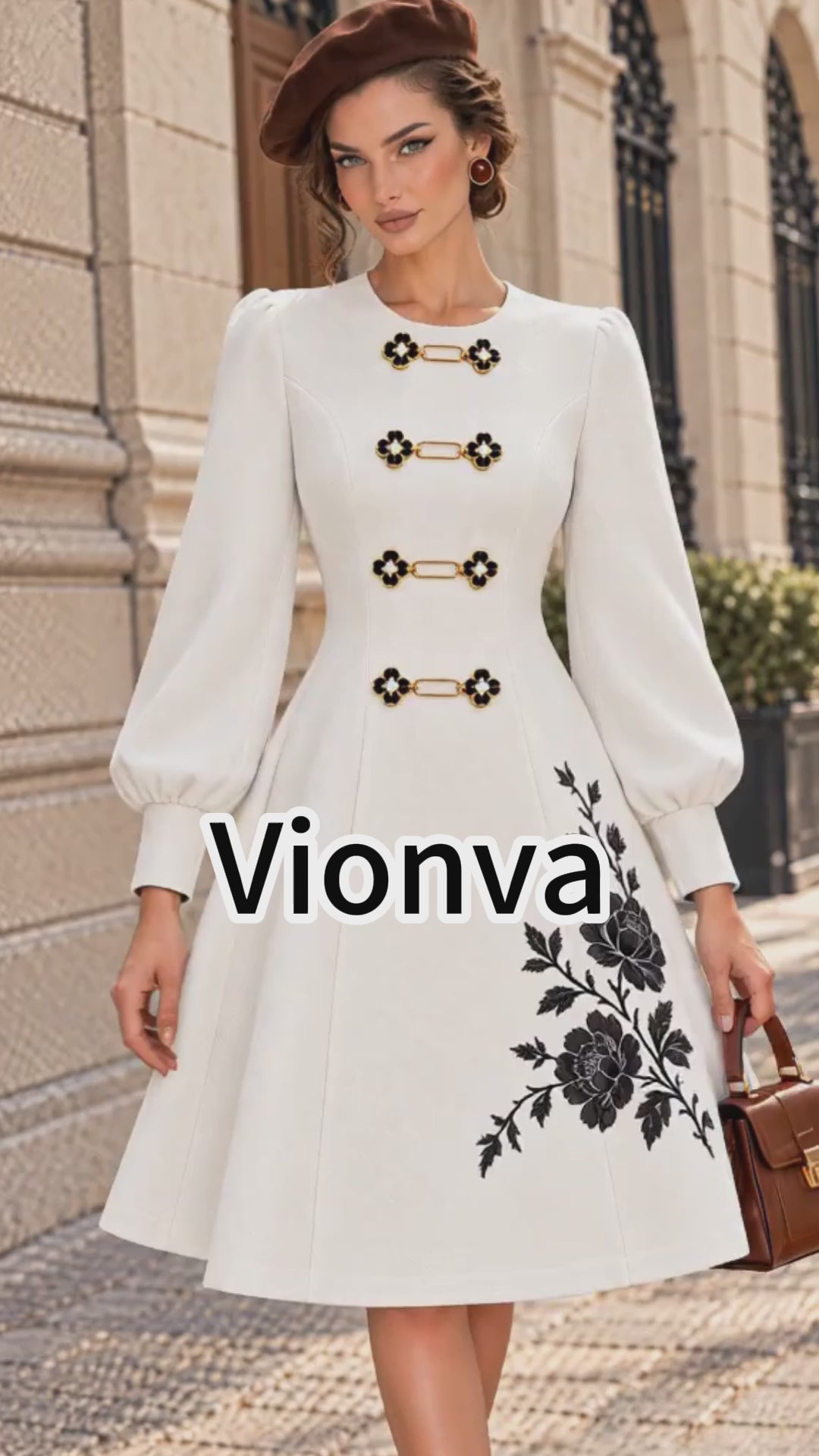 Vintage White Floral Embroidered Frog Button A Line Dress