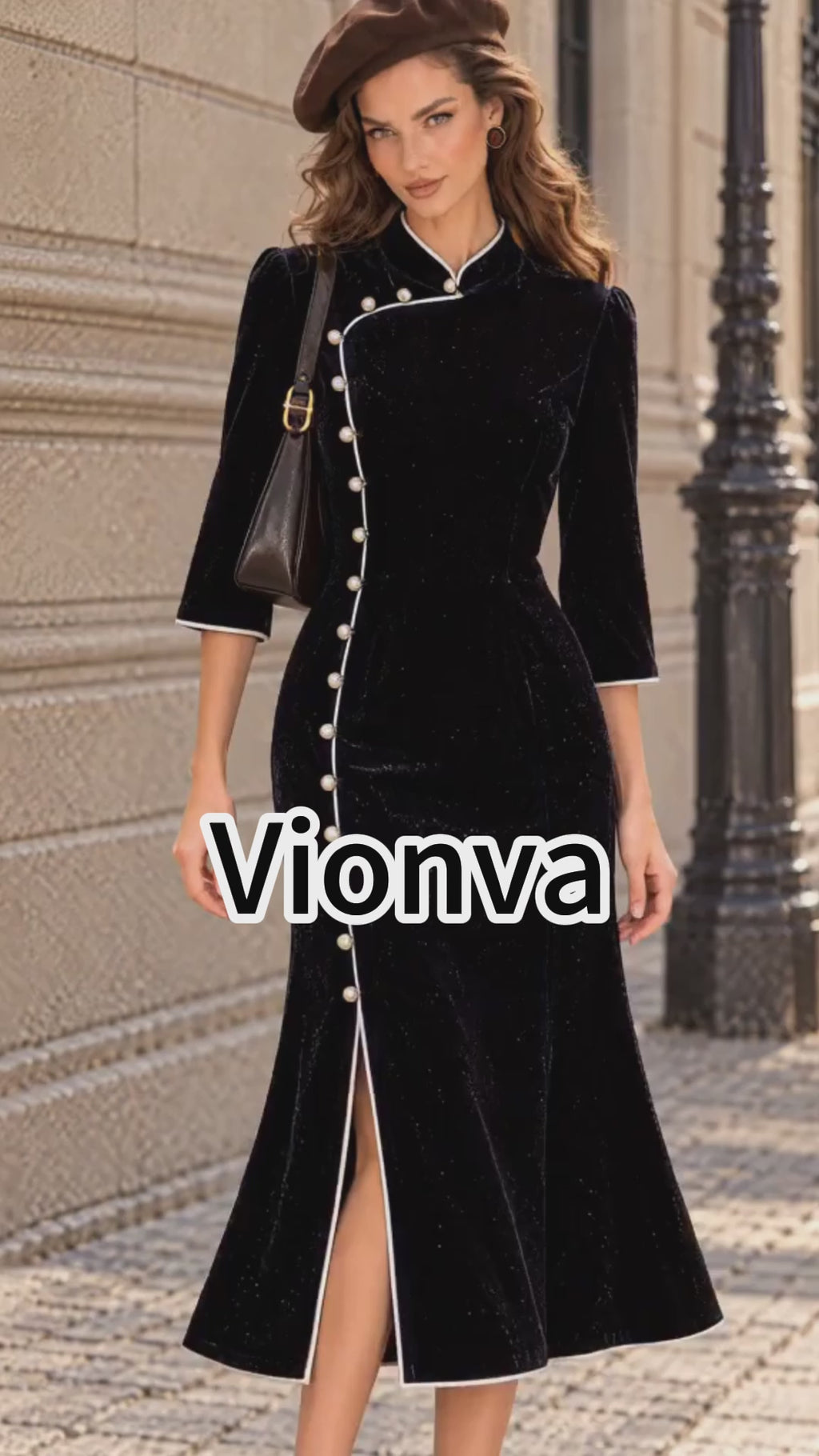 Vintage Black Velvet Pearl Button Mandarin Collar Dress