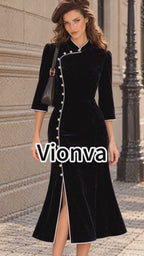 Vintage Black Velvet Pearl Button Mandarin Collar Dress