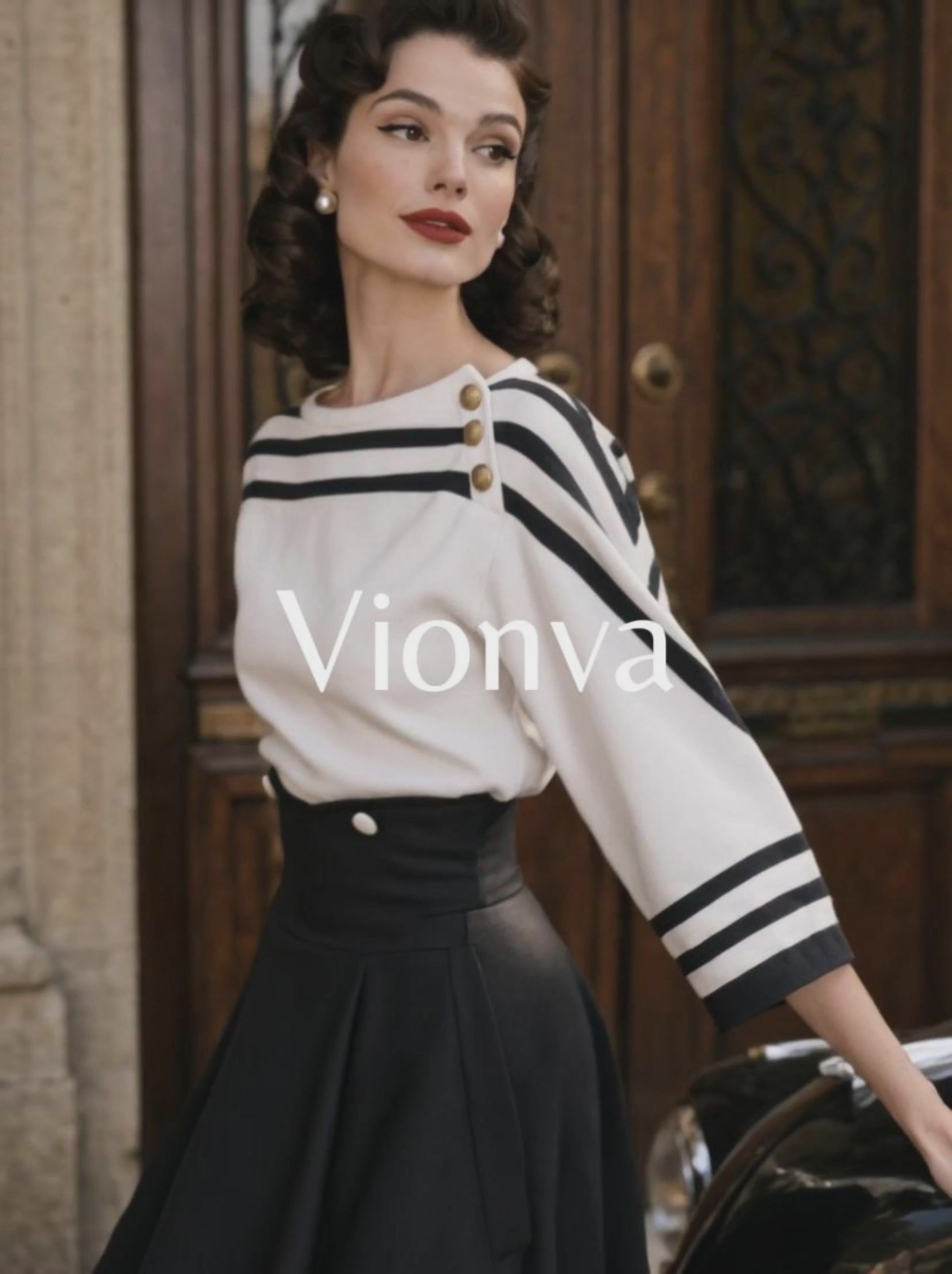 Vintage Color Contrast Striped Swing Skirt Two-piece Set
