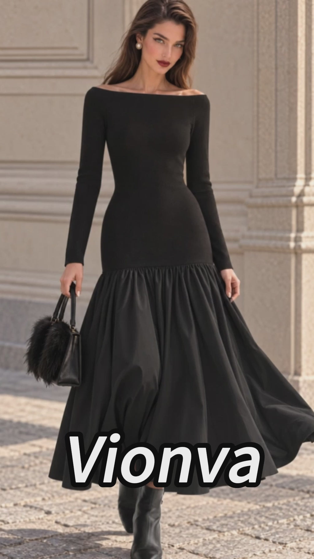 Vintage Black Off Shoulder Bodice Flare Dress