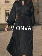 Vintage Hepburn Black Pleated Puff-Sleeve Commuter Slim Midi Dress