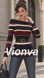 Vintage Stripe Print Boat Neck Ribbed Sweater