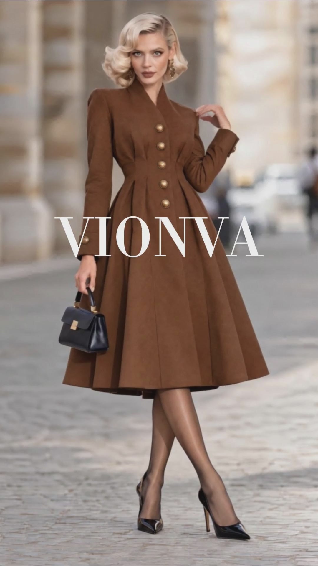 Vintage Waist Pleated Wool Look Midi Coat