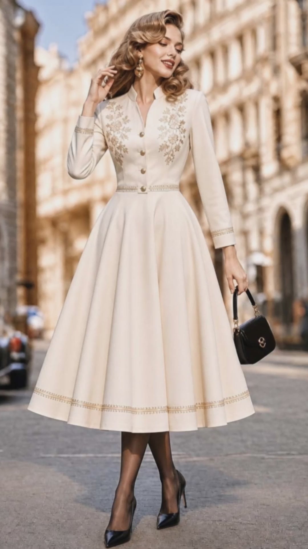 Vintage Gold Woven Trim Stand Collar Midi Dress