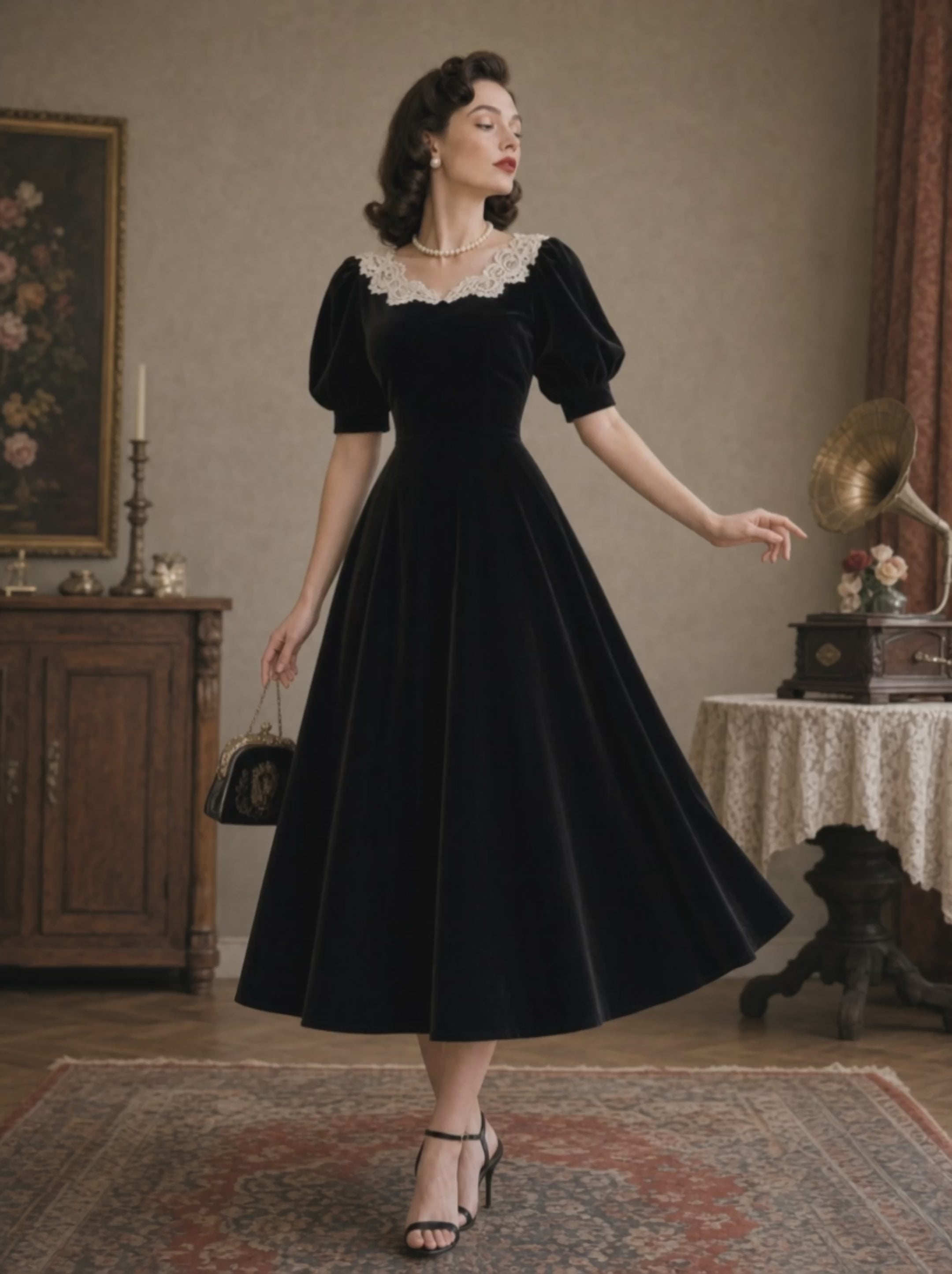 Vintage Velvet A-line Lace Neckline Midi Dress