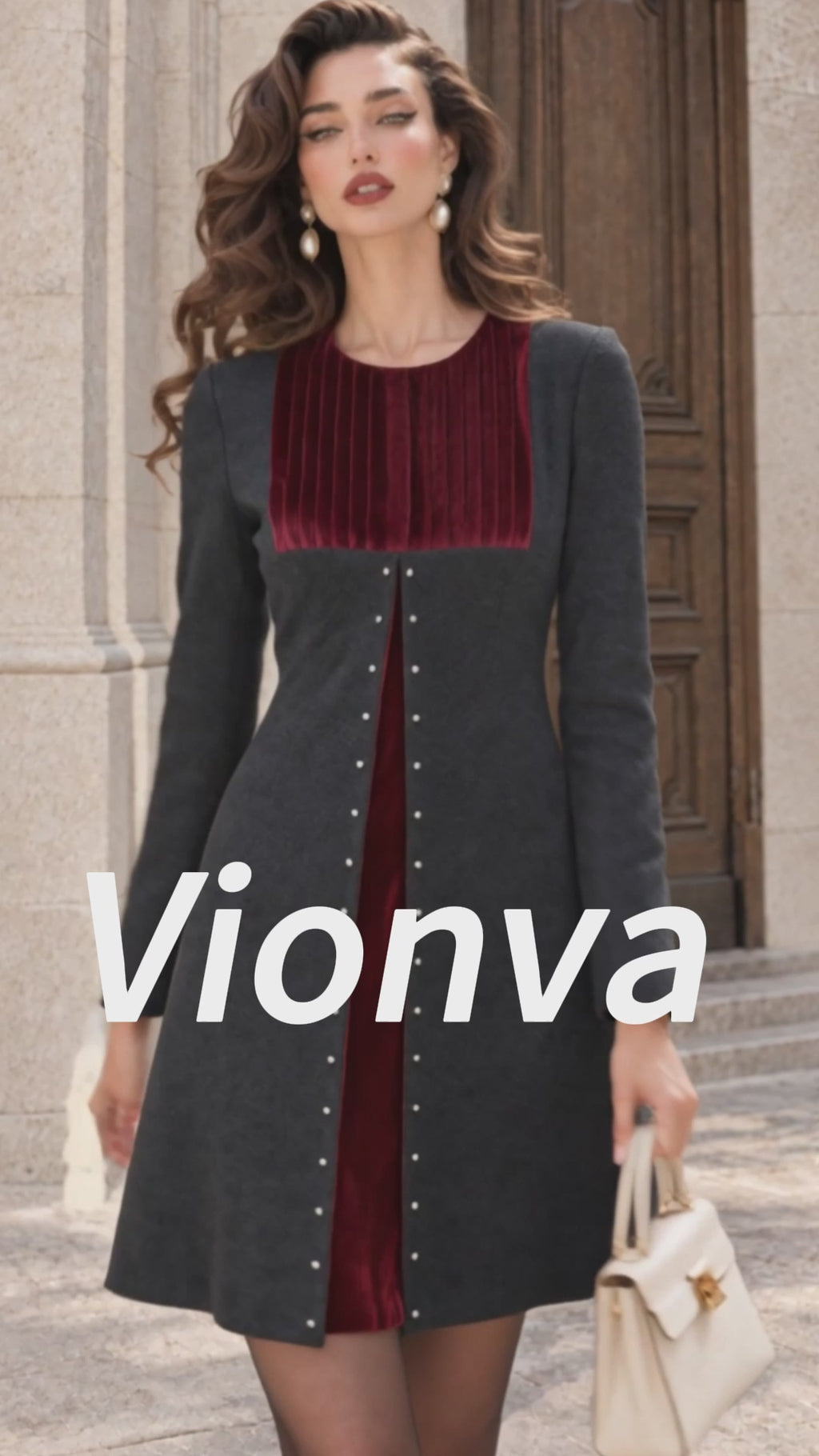 Vintage Velvet-Yoke Pearl-Stud Mini Dress