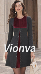 Vintage Velvet-Yoke Pearl-Stud Mini Dress