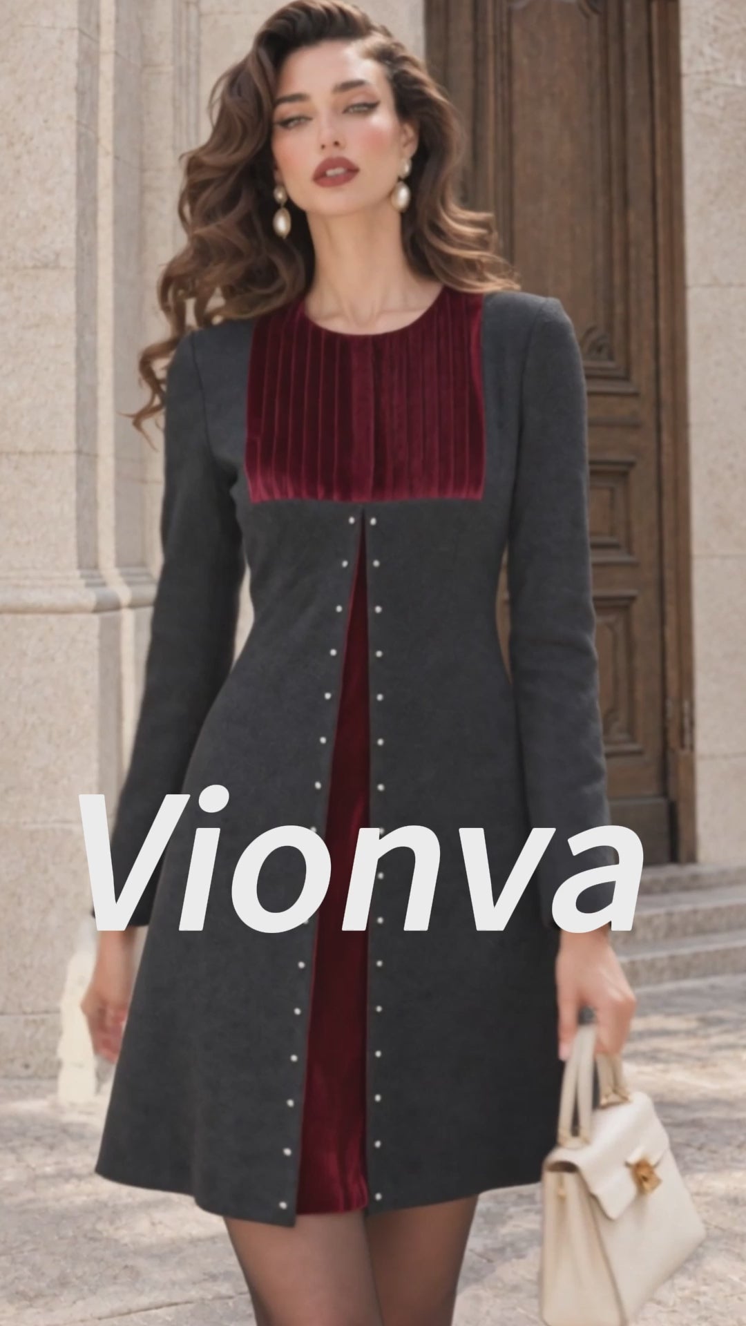 Vintage Velvet-Yoke Pearl-Stud Mini Dress