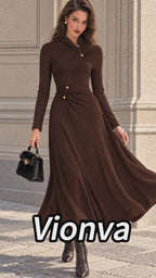 Vintage Brown Ruched Gold Button Flare Midi Dress