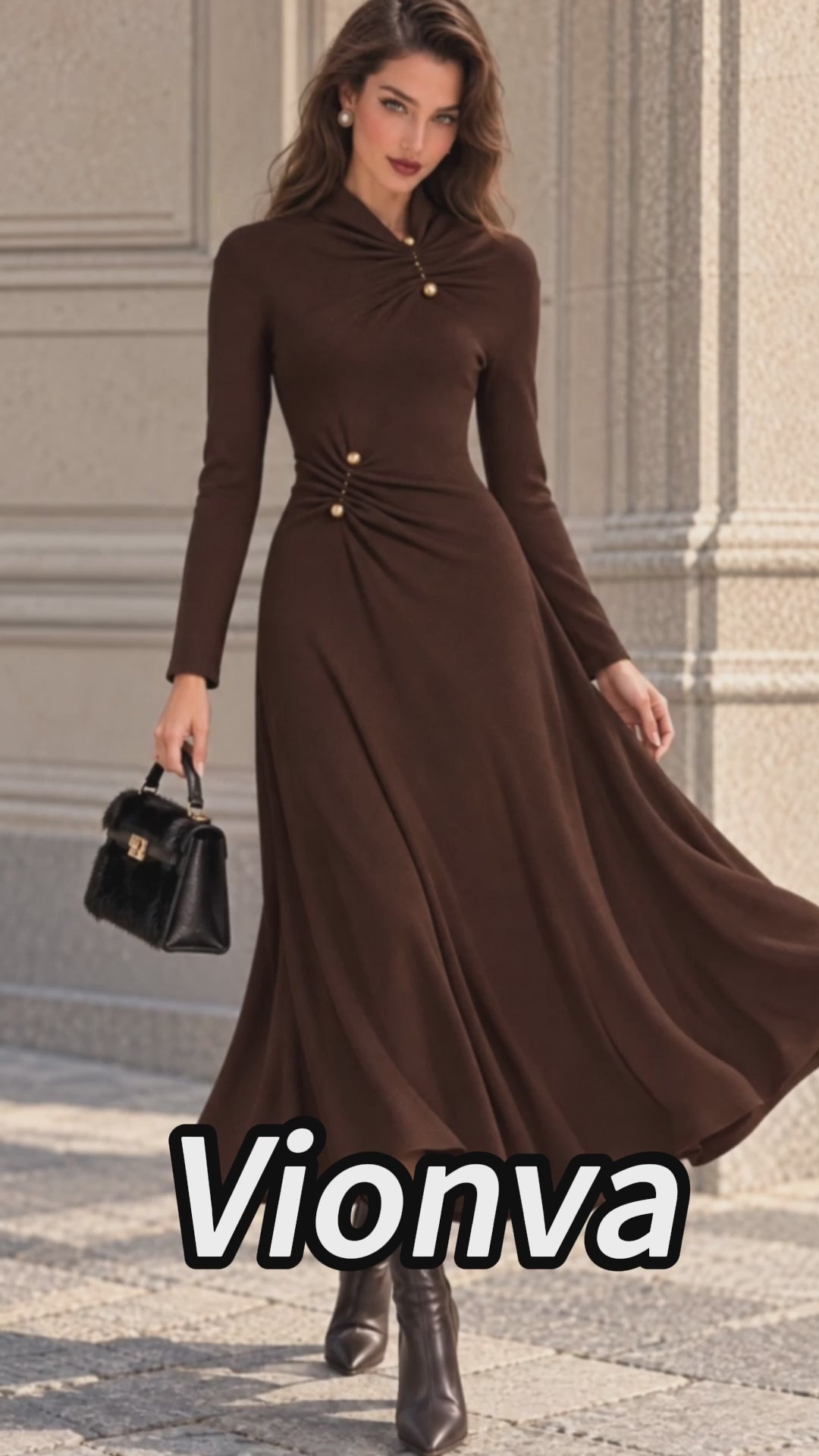 Vintage Brown Ruched Gold Button Flare Midi Dress