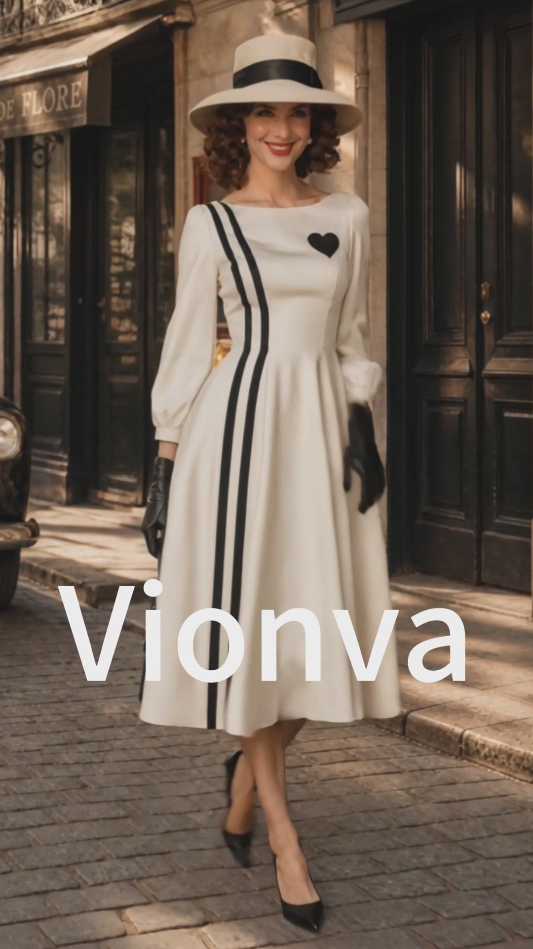Vintage Ivory Heart Black Stripe Midi Dress
