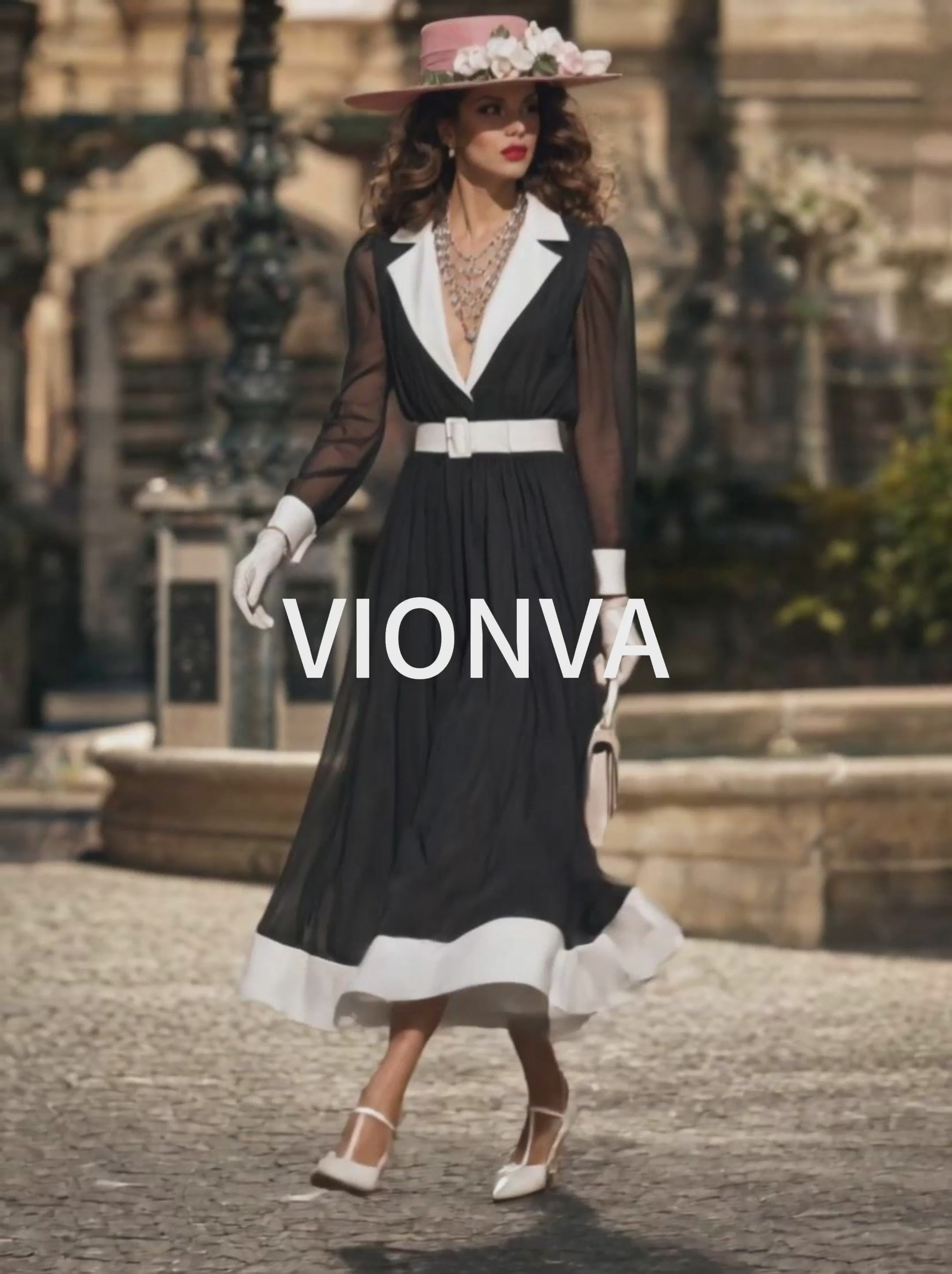 Vintage Hepburn Contrast Collar Dress Waist-Cinched Sheer Chiffon Midi Dress
