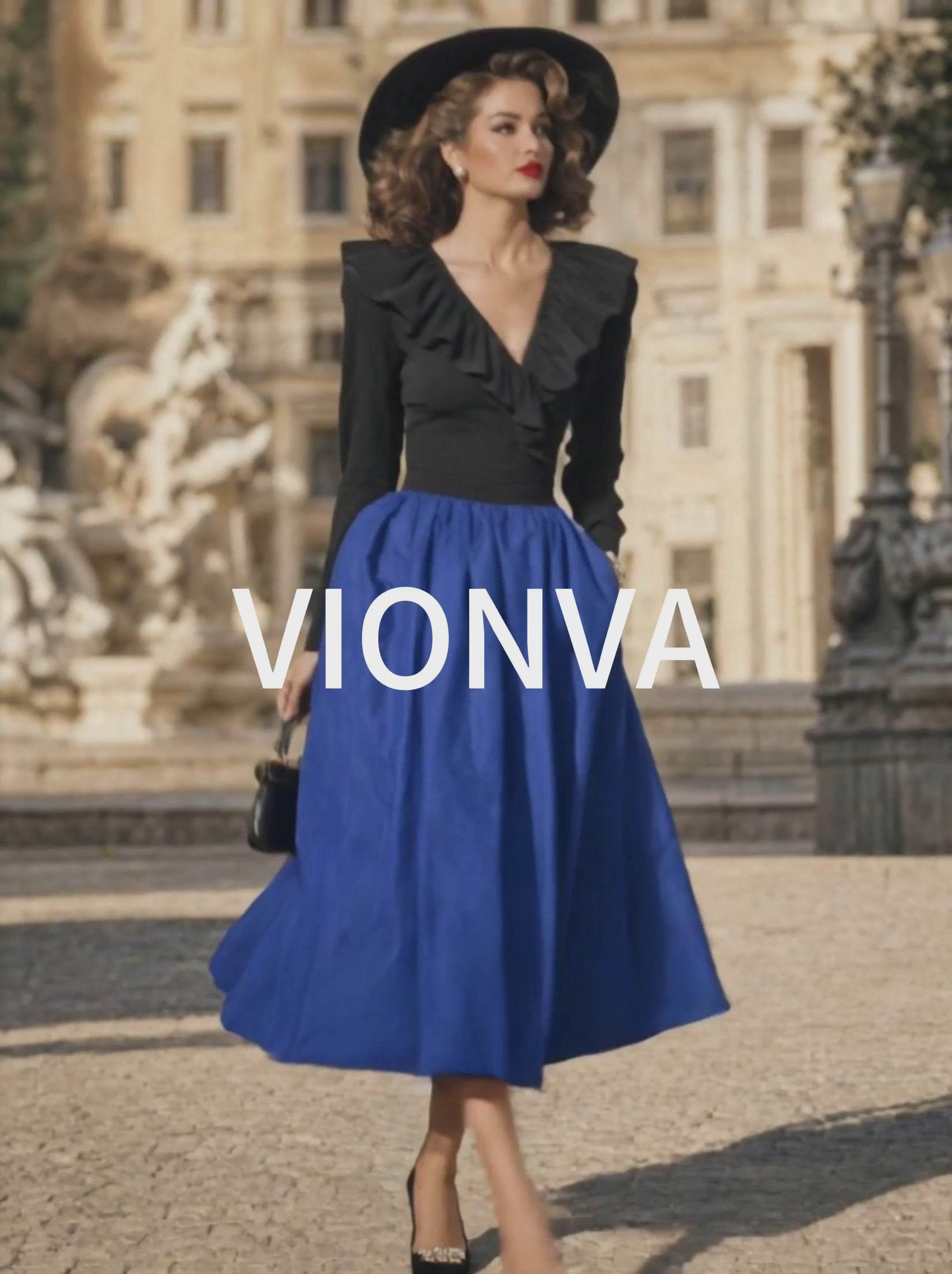 Vintage Contrast Ruffle Collar Swing Midi Dress