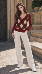 Vintage Argyle U Neck Long Sleeve Knit Top