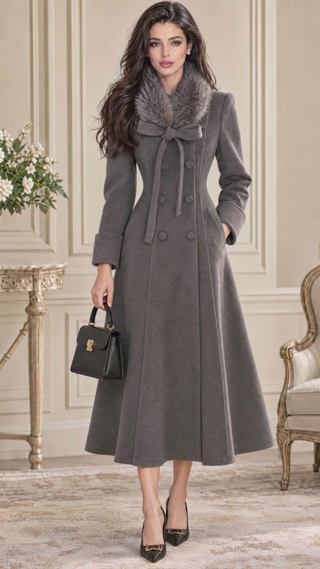 Vintage Fur‑Collar Bow Maxi Coat