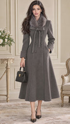Vintage Fur‑Collar Bow Maxi Coat