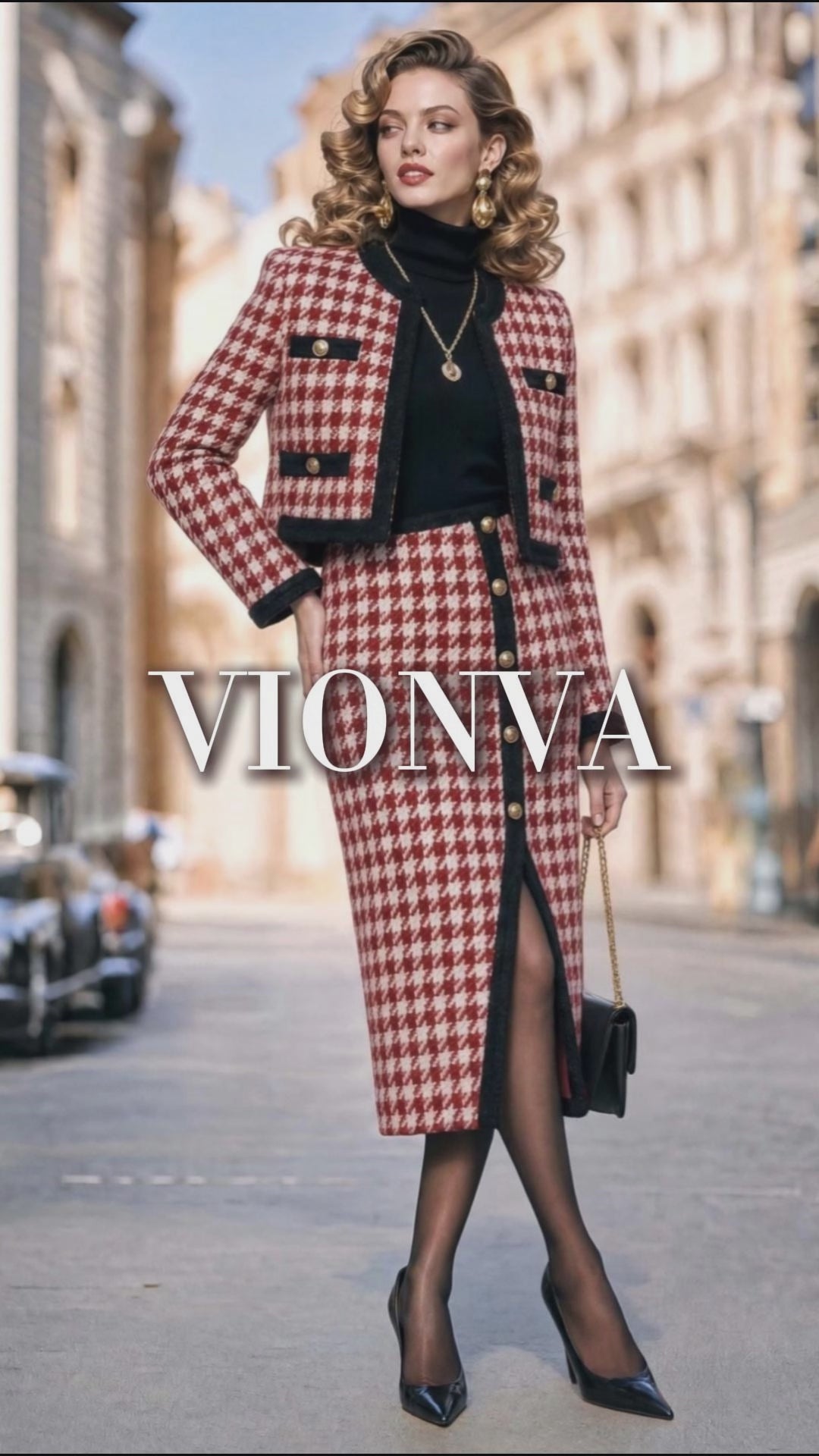Vintage Houndstooth Midi Skirt