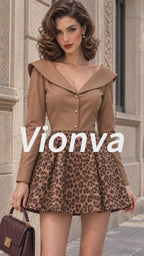 Vintage Leopard-Print Portrait-Collar Flared Mini Dress