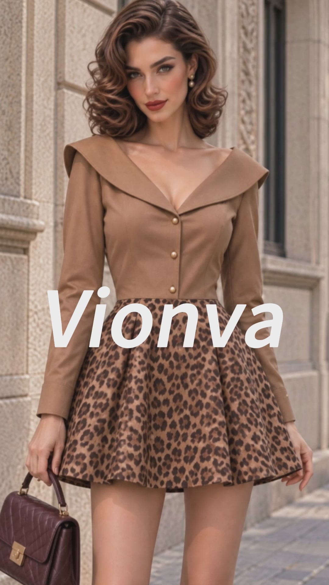 Vintage Leopard-Print Portrait-Collar Flared Mini Dress