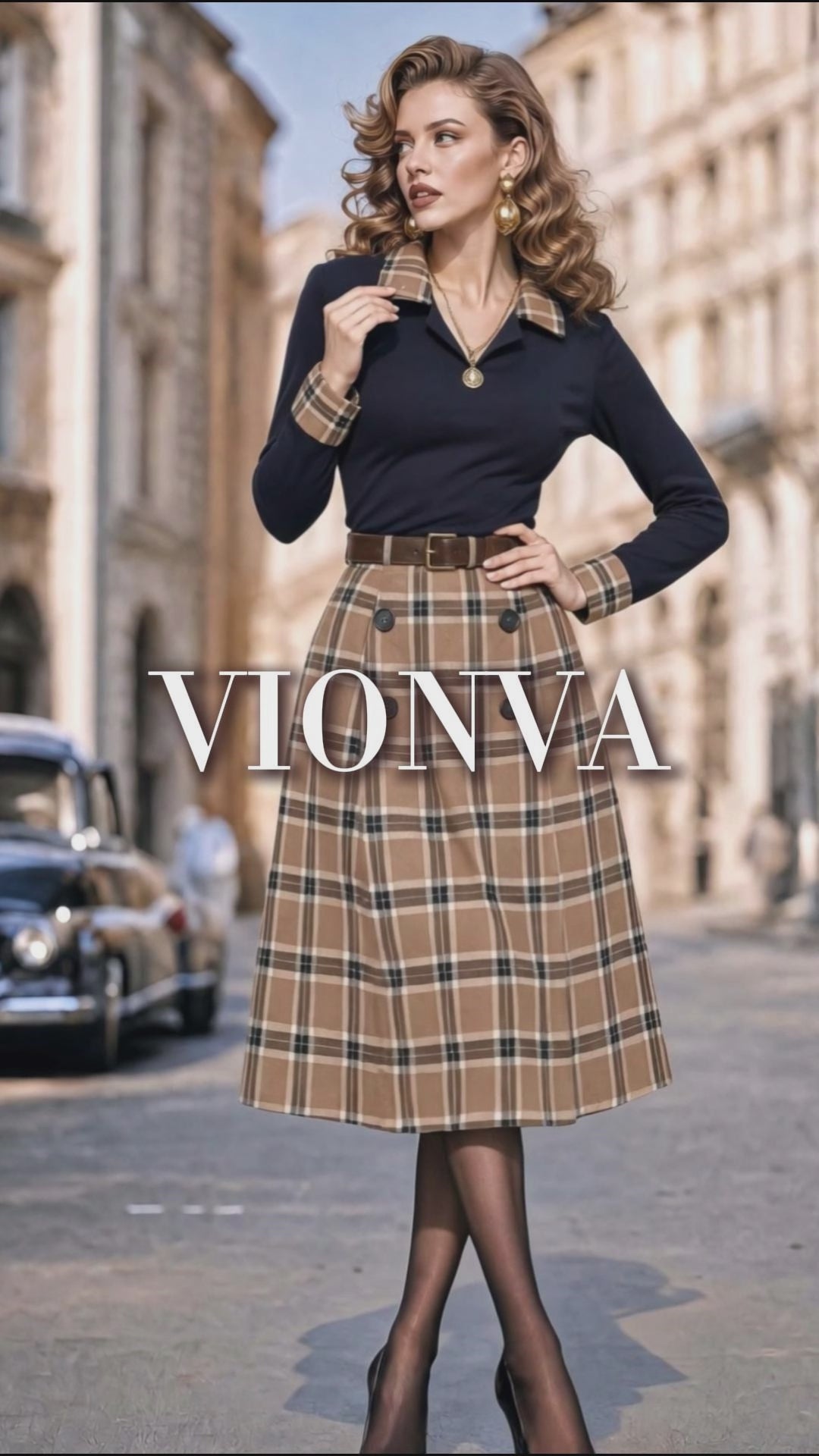 Vintage Plaid Midi Button Skirt