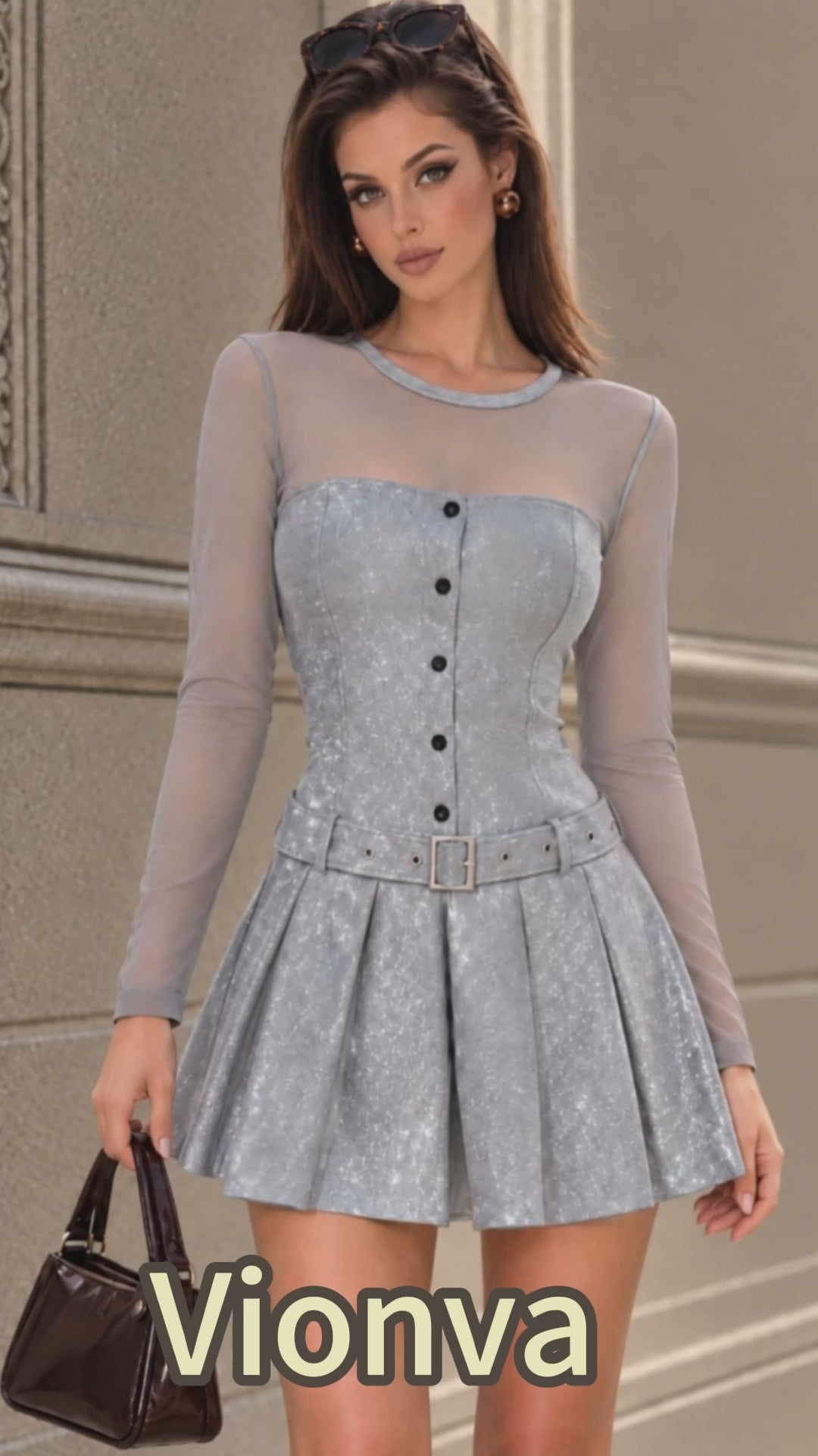 Vintage Grey Sparkle Mesh Sleeve Pleated Mini Dress