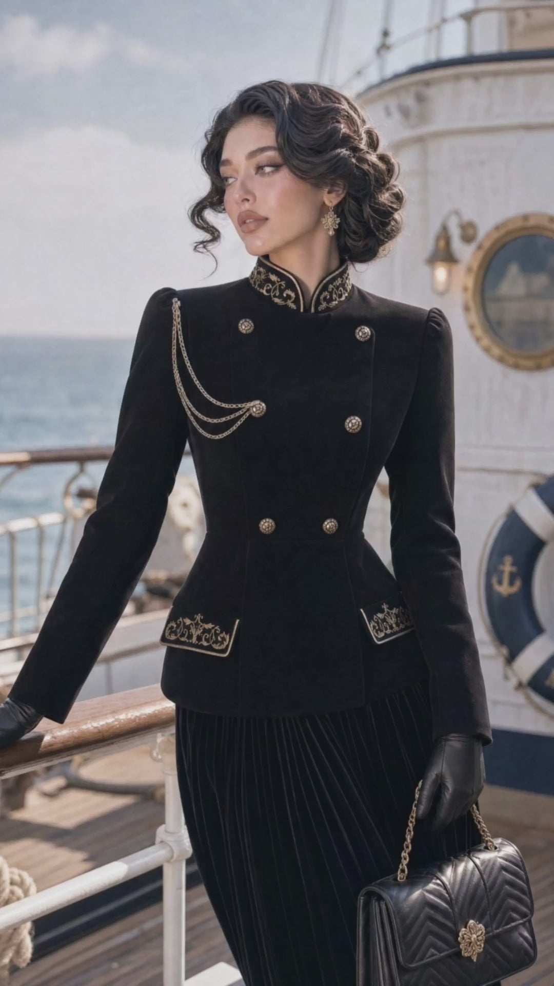 Retro Military Gold‑Embroidered Velvet Jacket