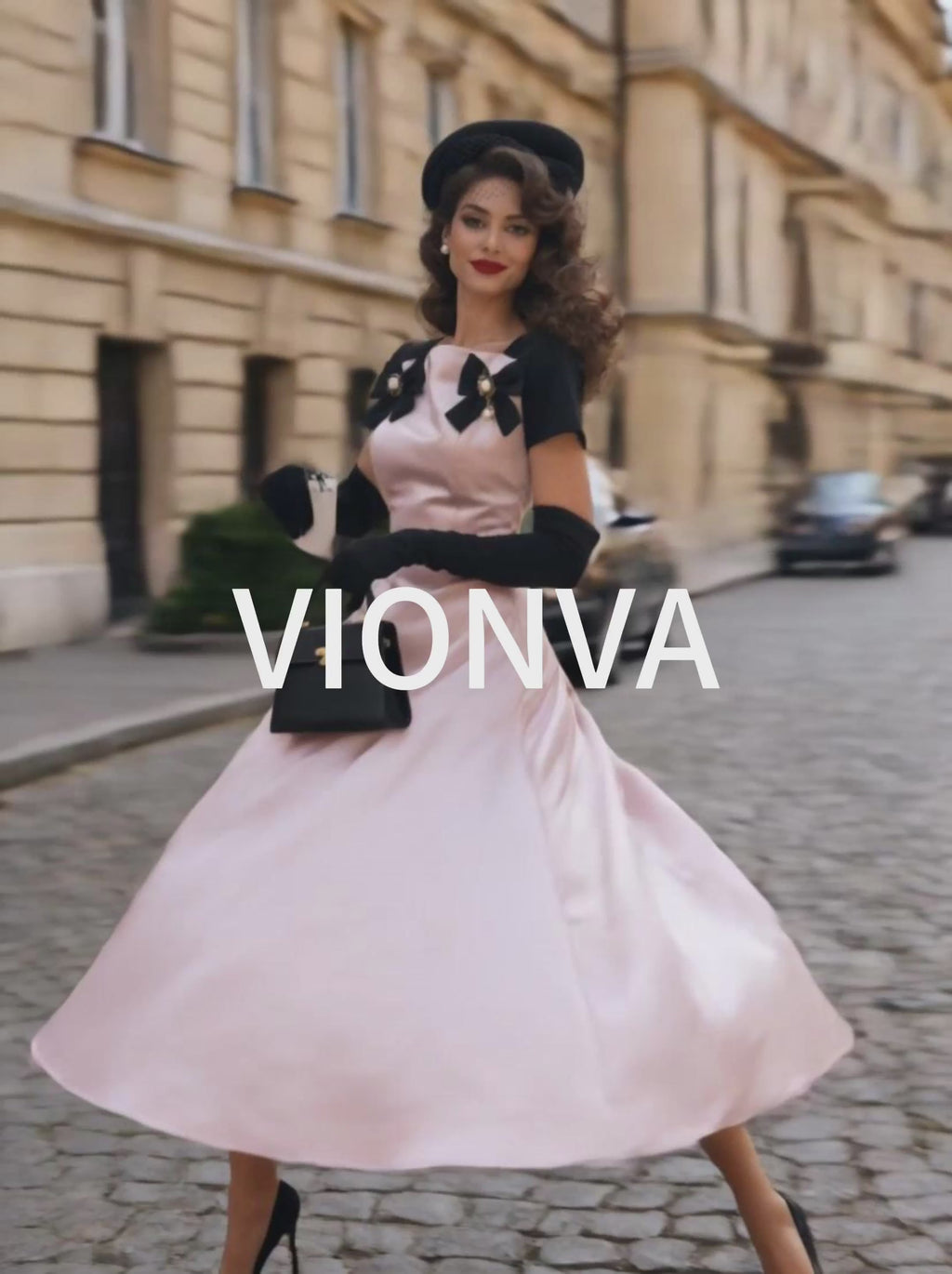 Vintage Pink Satin Black Short Sleeve Pearl Bow Swing Midi Dress