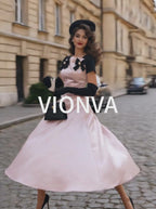 Vintage Pink Satin Black Short Sleeve Pearl Bow Swing Midi Dress