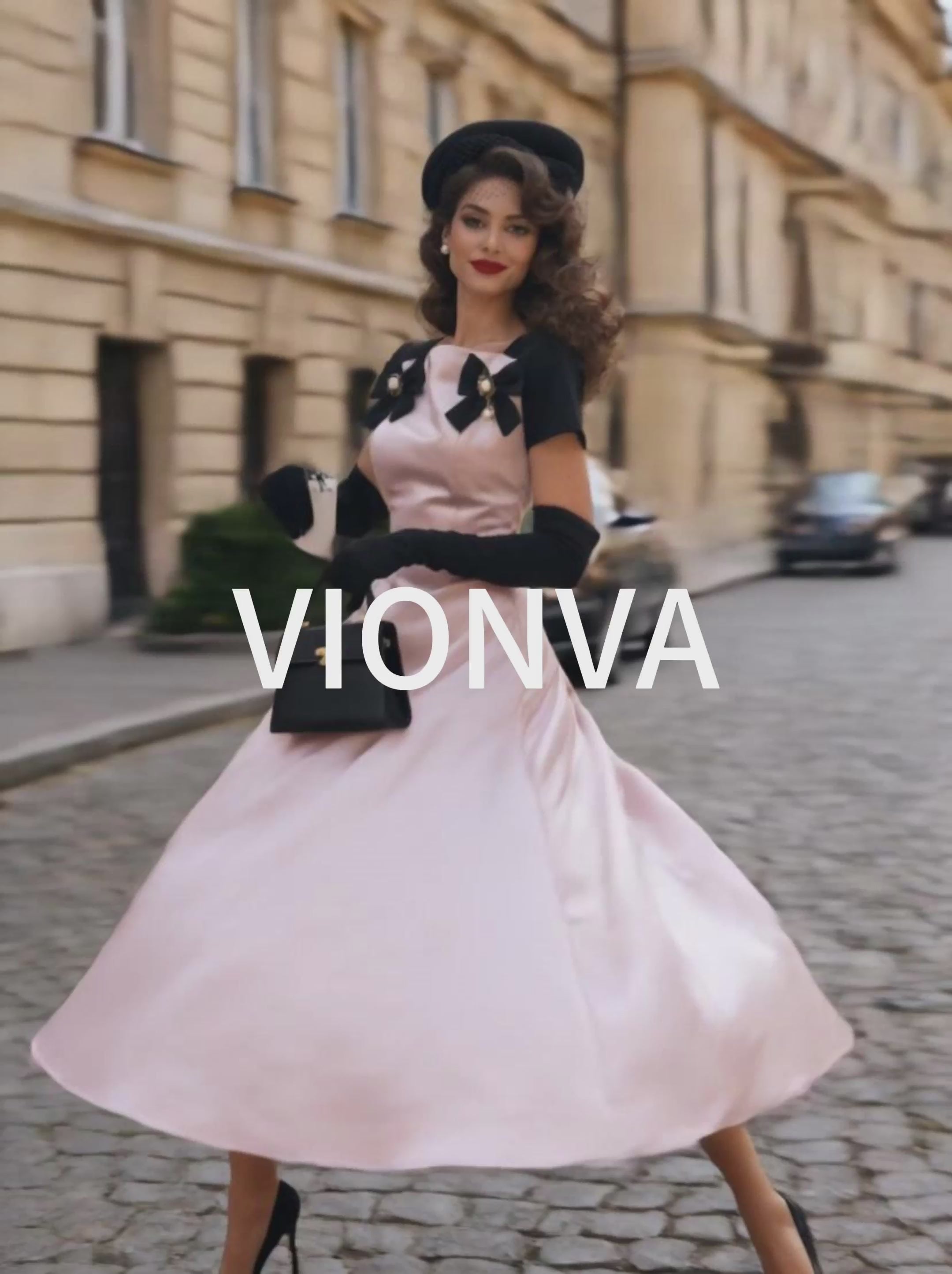 Vintage Pink Satin Black Short Sleeve Pearl Bow Swing Midi Dress