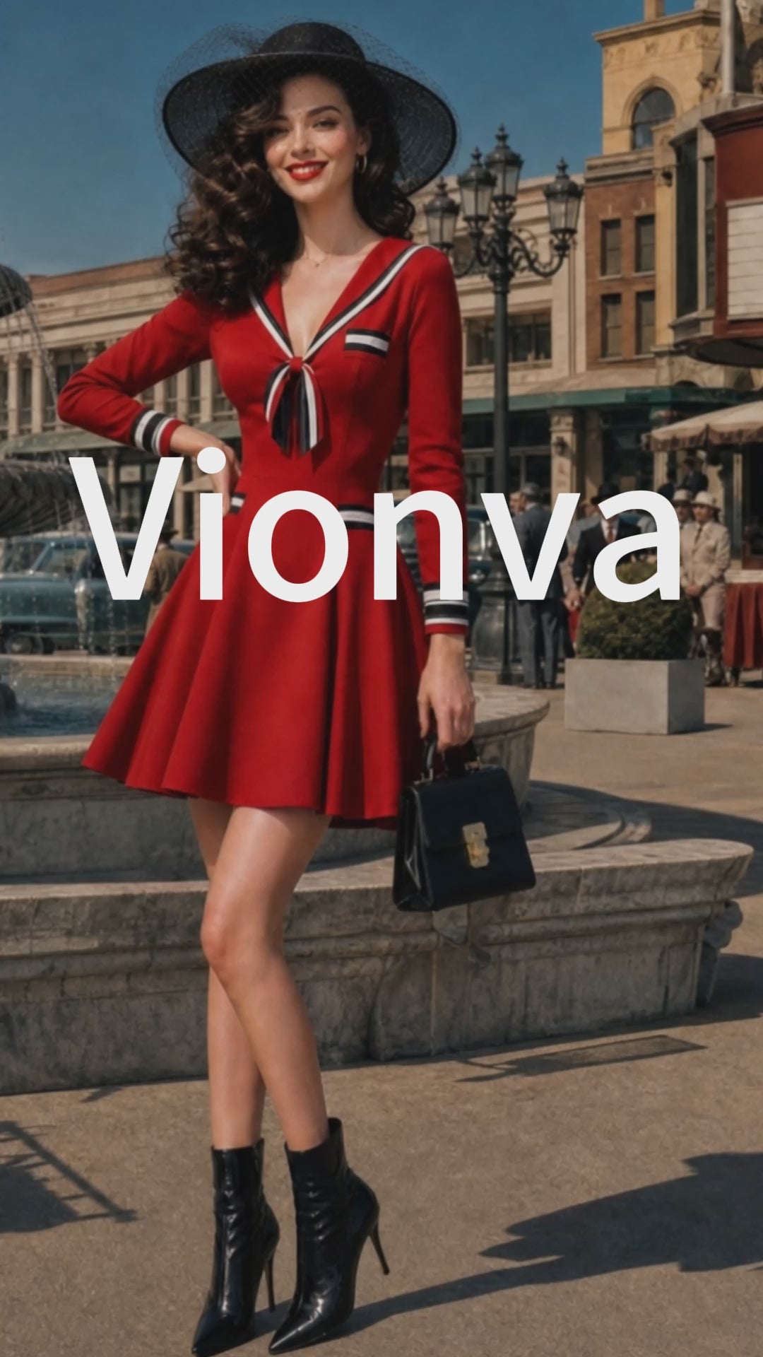 Vintage Red Sailor-Collar Bow Suede Skater Dress