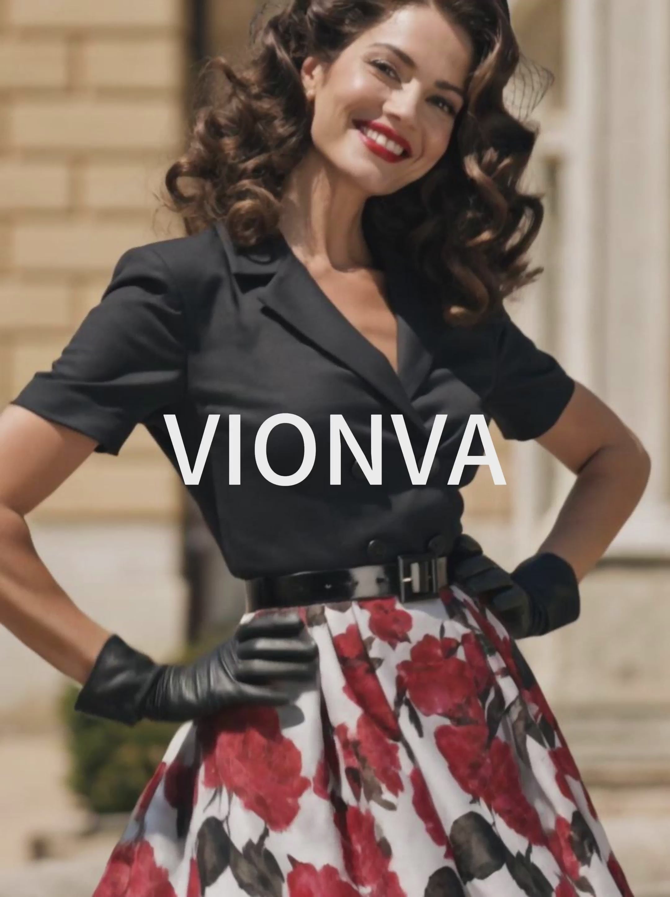 Vintage Black Blazer Red Rose Print Swing Midi Dress