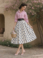 Vintage Polka Dot Printed Elastic Waist Umbrella Midi Skirt