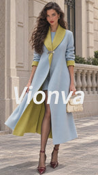 Vintage Contrast-Lapel Brooch Longline Wool Coat