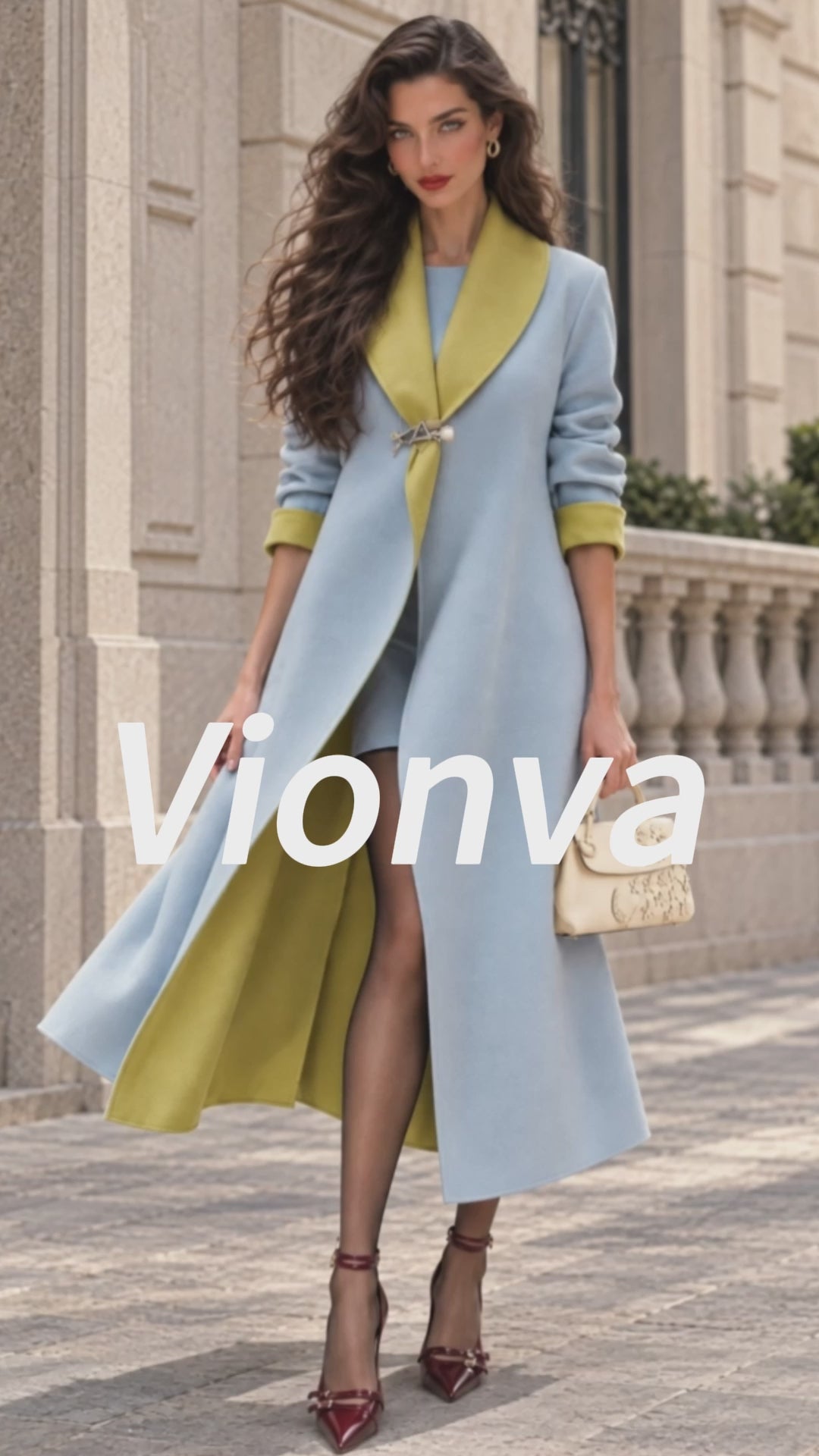 Vintage Contrast-Lapel Brooch Longline Wool Coat