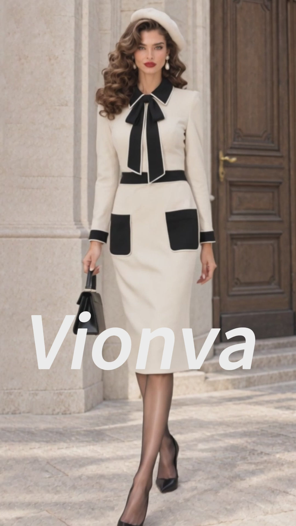Vintage Bow-Tie Contrast-Pocket Wool Mermaid Dress